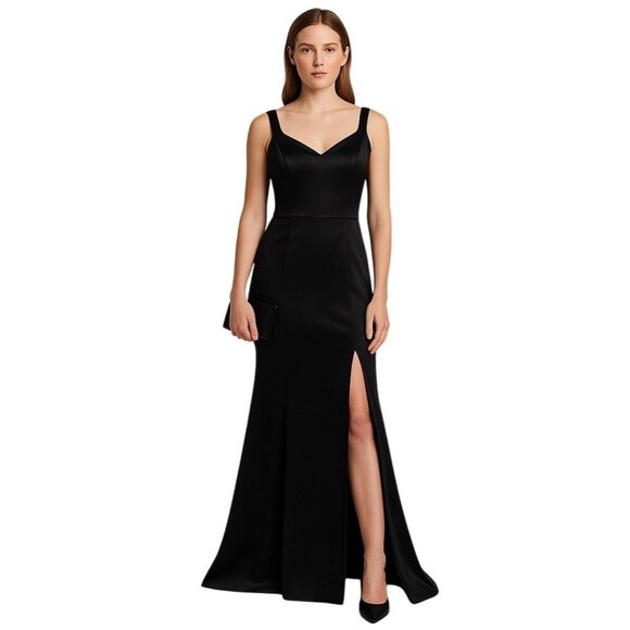 Xscape Women's Black Shimmery Evening Gown Front Slit Back Sheer Corset 10 NWT - Picture 1 of 14